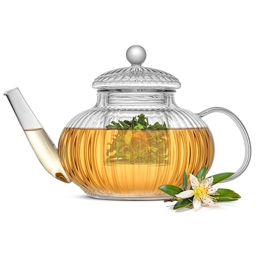 JoyJolt Fluted Glass Teapot Set 34oz Stovetop Safe Tea Kettle Borosilicate Clear Kettle with Removable Glass Infuser Blooming and Loose Leaf Tea Maker and Brewer - Image 1