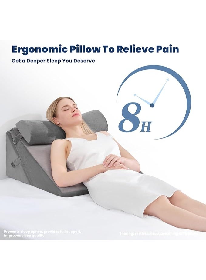 طقم وسائد إسفينية مكون من 3 قطع – وسائد سرير مثلثة قابلة للتعديل بارتفاع 9 و12 بوصة مع وسادة دعم نصف دائرية من رغوة الذاكرة للنوم، التعافي بعد الجراحة، ارتجاع الحمض، ارتجاع المريء وتخفيف الشخير - Image 3