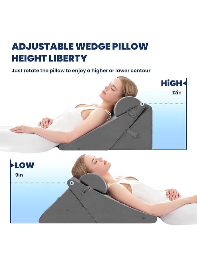 طقم وسائد إسفينية مكون من 3 قطع – وسائد سرير مثلثة قابلة للتعديل بارتفاع 9 و12 بوصة مع وسادة دعم نصف دائرية من رغوة الذاكرة للنوم، التعافي بعد الجراحة، ارتجاع الحمض، ارتجاع المريء وتخفيف الشخير - Image 4
