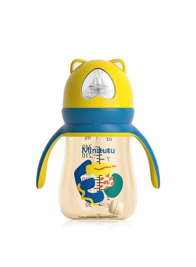 Minitutu Kids Feeding Bottle with Straw 240ml, BPA Free Leakproof Toddler Cup with Handles, Cute Bear Design Drinking Water Bottle for Boys Girls, Portable Spill Proof Sippy Cup for School Travel (Yellow Blue) - Image 2