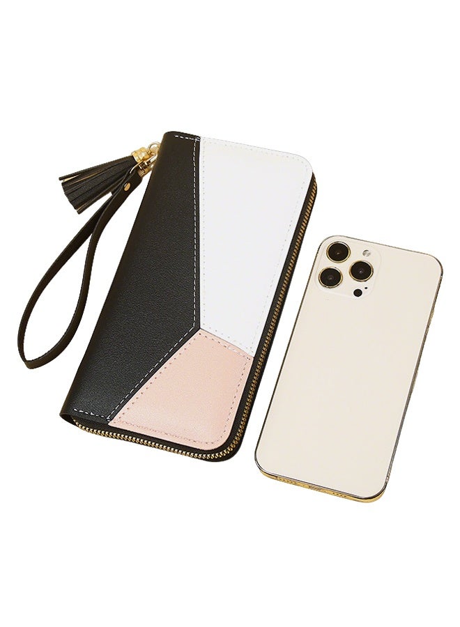 # محفظة نسائية طويلة من الجلد الاصطناعي (PU) - محفظة نسائية وحامل بطاقات ومنظم مع وقفيرة يد وشنطة يد بخزنة ذات مفتاح ومحفظة ذهبي ومحفظة هاتف مع خرز ومóc أسود