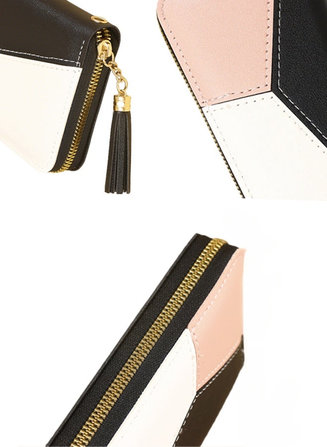 # محفظة نسائية طويلة من الجلد الاصطناعي (PU) - محفظة نسائية وحامل بطاقات ومنظم مع وقفيرة يد وشنطة يد بخزنة ذات مفتاح ومحفظة ذهبي ومحفظة هاتف مع خرز ومóc أسود