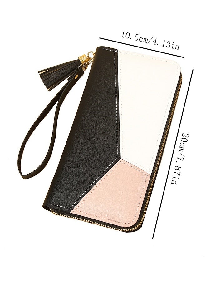 # محفظة نسائية طويلة من الجلد الاصطناعي (PU) - محفظة نسائية وحامل بطاقات ومنظم مع وقفيرة يد وشنطة يد بخزنة ذات مفتاح ومحفظة ذهبي ومحفظة هاتف مع خرز ومóc أسود