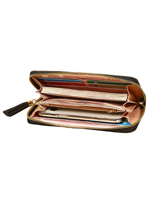 # محفظة نسائية طويلة من الجلد الاصطناعي (PU) - محفظة نسائية وحامل بطاقات ومنظم مع وقفيرة يد وشنطة يد بخزنة ذات مفتاح ومحفظة ذهبي ومحفظة هاتف مع خرز ومóc أسود