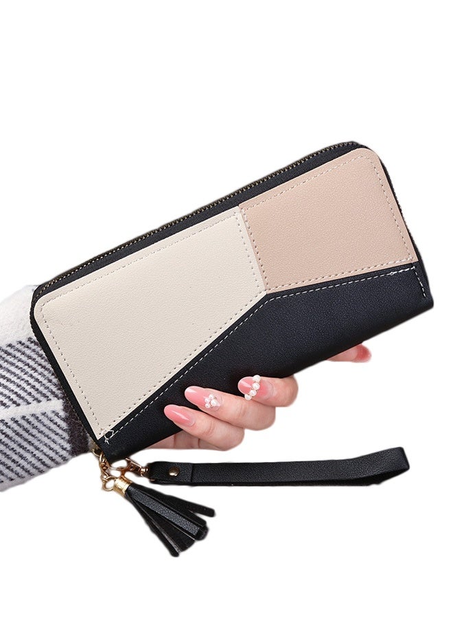 # محفظة نسائية طويلة من الجلد الاصطناعي (PU) - محفظة نسائية وحامل بطاقات ومنظم مع وقفيرة يد وشنطة يد بخزنة ذات مفتاح ومحفظة ذهبي ومحفظة هاتف مع خرز ومóc أسود
