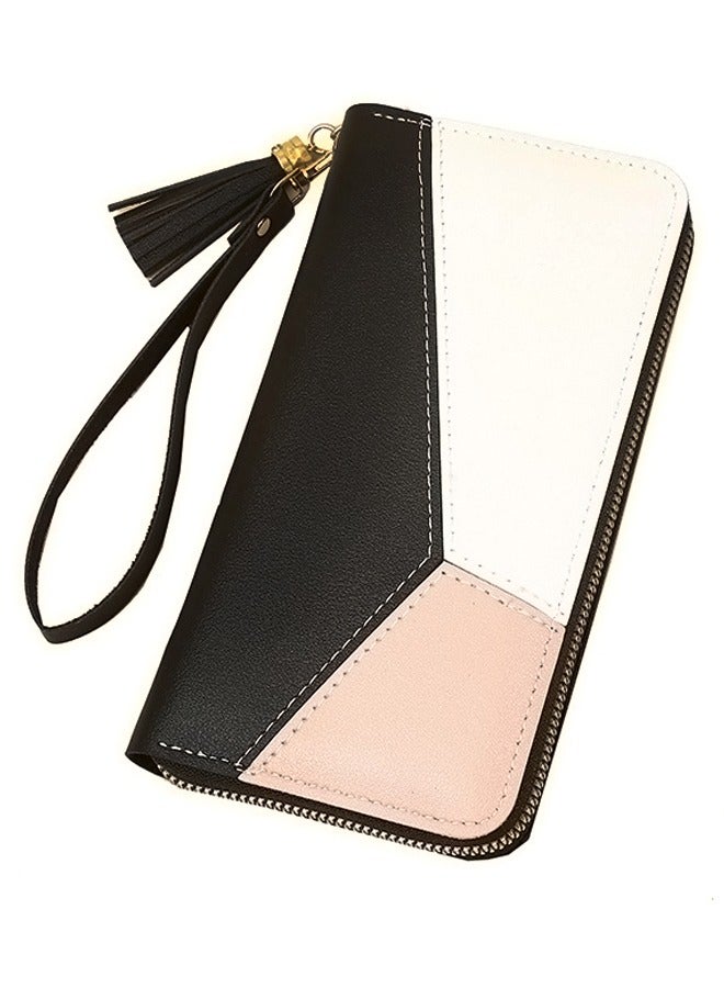 # محفظة نسائية طويلة من الجلد الاصطناعي (PU) - محفظة نسائية وحامل بطاقات ومنظم مع وقفيرة يد وشنطة يد بخزنة ذات مفتاح ومحفظة ذهبي ومحفظة هاتف مع خرز ومóc أسود