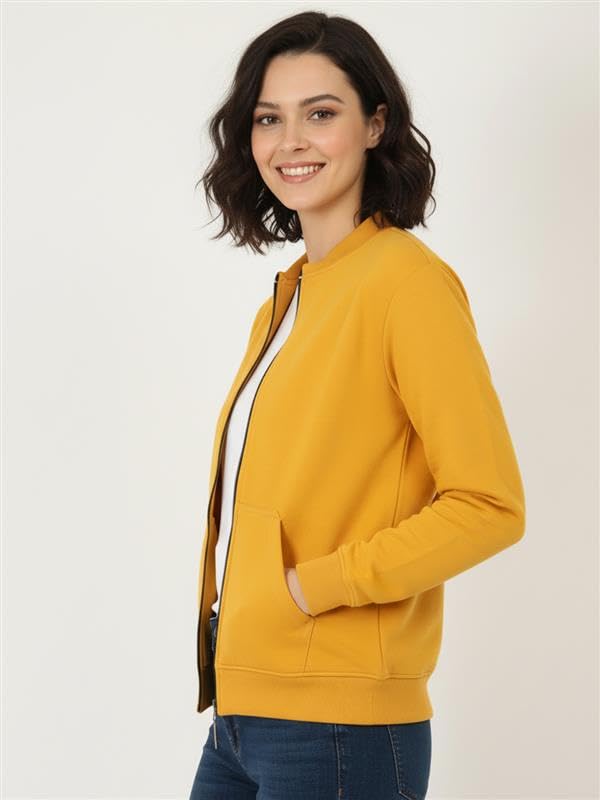 LEOTUDE Full Sleeve Loose Fit Side Pocket Bomber Jacket For Women (GRL_JKT02_MSTERD_C1_P_Mustard_XL) - Image 2