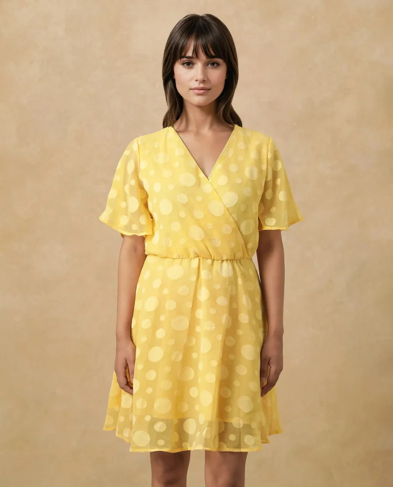Rareism Rareism Women's Wallant Yellow Polyester Fabric V-Neck  Half Sleeve Polka Fit And Flare Mini Dress