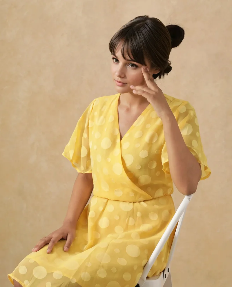 Rareism Rareism Women's Wallant Yellow Polyester Fabric V-Neck  Half Sleeve Polka Fit And Flare Mini Dress
