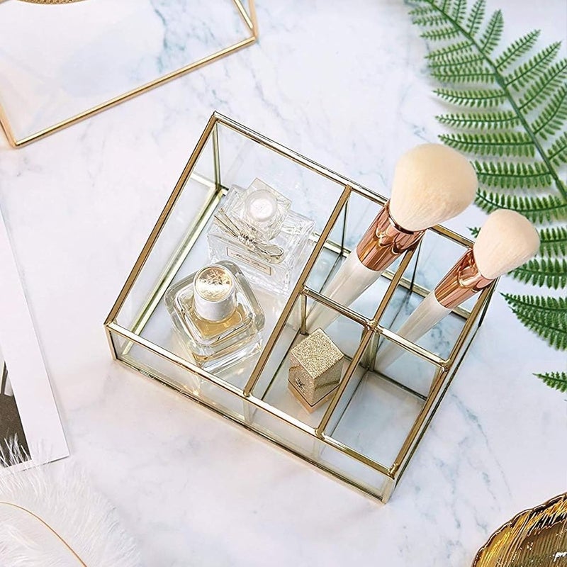 PuTwo Makeup Organizer Vintage 5 Compartments Glass & Metal Cosmetic Organizer Brass Makeup Storage for Makeup Brushes Perfume Lipsticks Nail Polish Makeup Holder for Dresser Vanity Countertop - Gold - Image 4