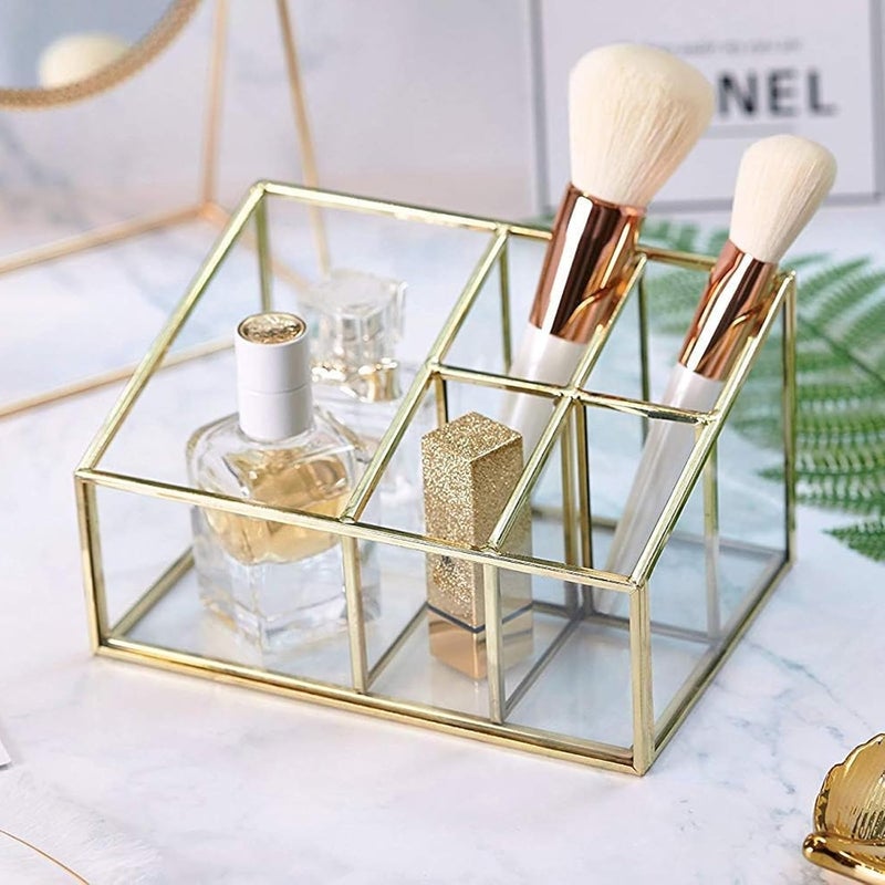 PuTwo Makeup Organizer Vintage 5 Compartments Glass & Metal Cosmetic Organizer Brass Makeup Storage for Makeup Brushes Perfume Lipsticks Nail Polish Makeup Holder for Dresser Vanity Countertop - Gold - Image 2