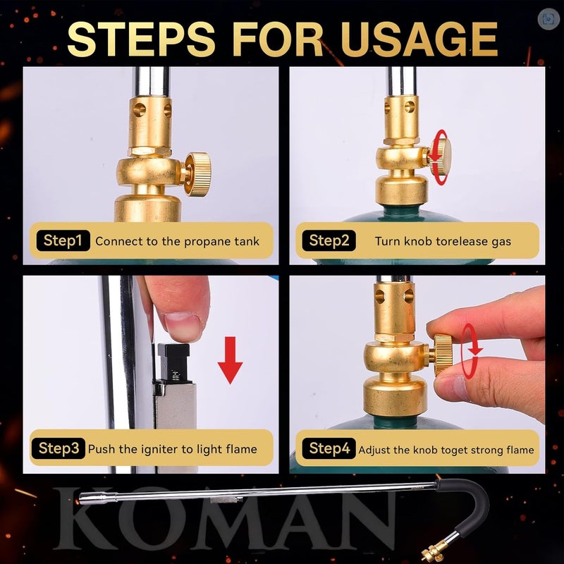 KOMAN Weed Torch Propane Burner, 35" Long Arm, Self-Ignition,Fuel by 1LB /5-40LB Propane Tank, for Roofing, Weeding, Campfire Starting (Output 24000BTU) - Image 5