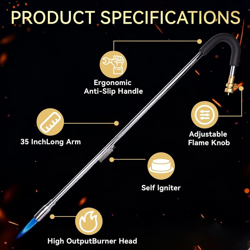 KOMAN Weed Torch Propane Burner, 35" Long Arm, Self-Ignition,Fuel by 1LB /5-40LB Propane Tank, for Roofing, Weeding, Campfire Starting (Output 24000BTU) - Image 2