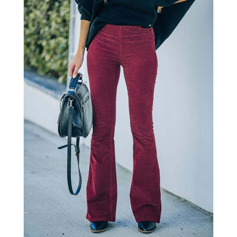 Cross-border Autumn and Winter Womens Solid Color High-waist Slim-fit Micro-flared Pants Corduroy Loose Waist Casual Deep red 