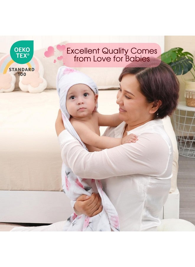 david's kids 2 Pack Hooded Baby Towels, 100% Muslin Cotton 6-Layer Ultra Soft Breathable Absorbent Baby Bath Towels for Infant and Toddler, Newborn Essentials, Large 32x32Inch, Floral - Image 2