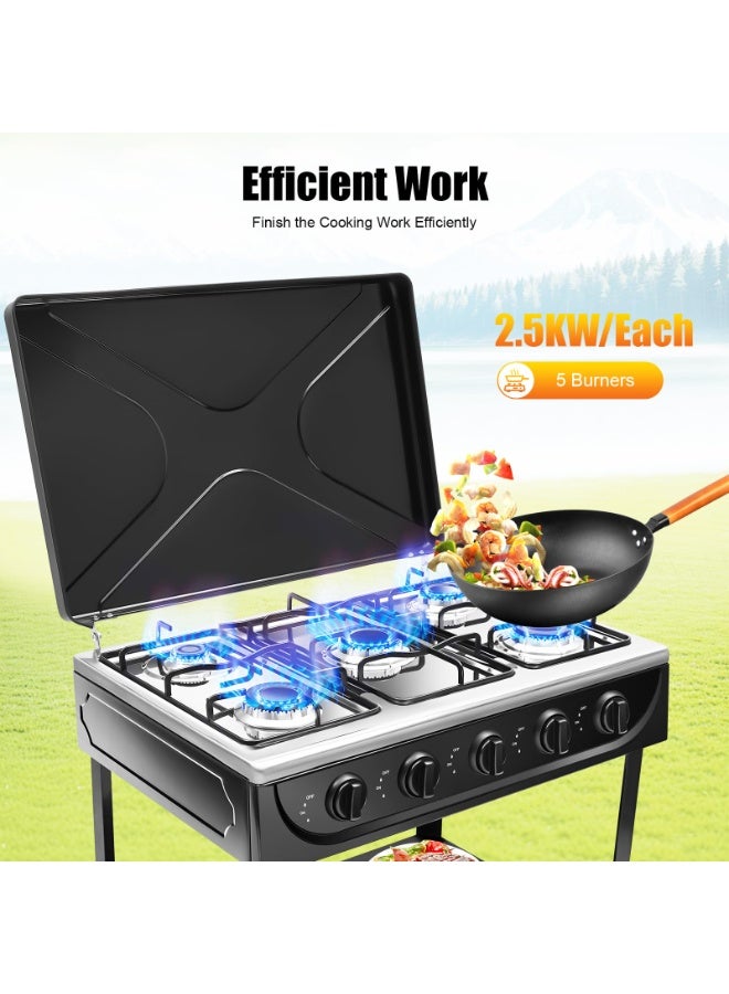 5 Burner Propane Burner Propane Gas Stove Auto Ignition Camping Stove with Support Leg Stand and Wind Blocking Cover Adapter, Portable Gas Stove for RV, Apartment, Outdoor Cooking (Black)  - Image 5
