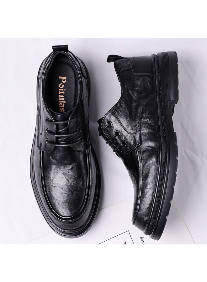 Poitulas Men's Leather Shoes, British Hand-scratched Pattern, Business Casual Shoes, Low-top Thick-soled Formal Shoes, Wedding Shoes, 9929 Black, Size 41 - Image 3