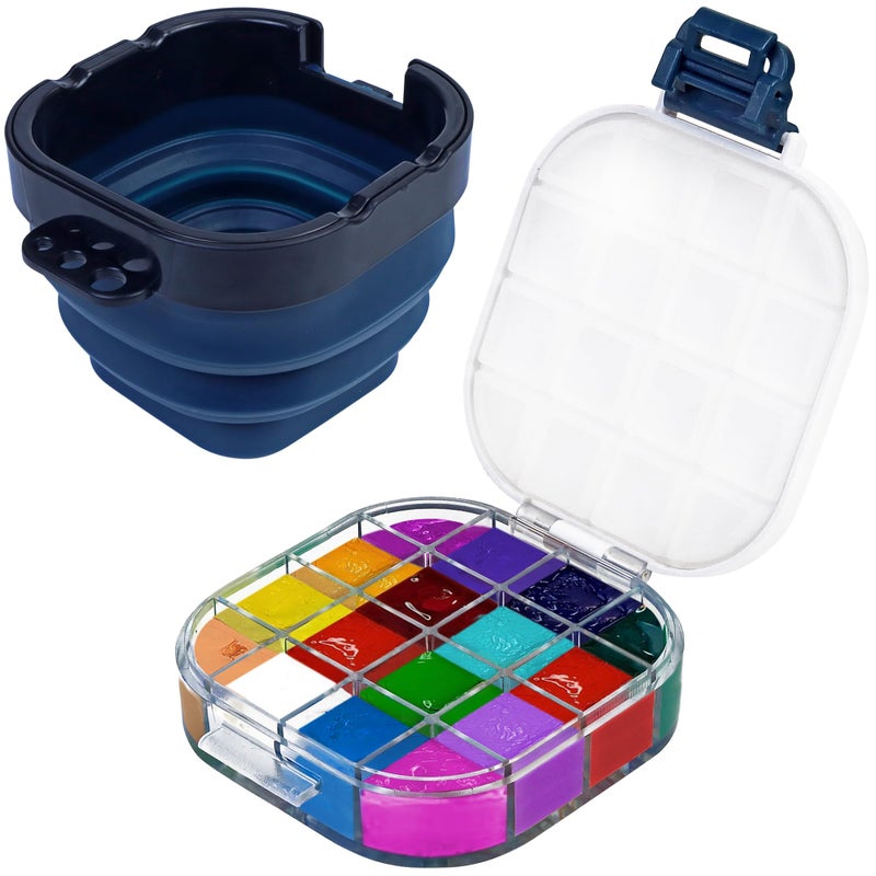 DUGATO Airtight Watercolor Palette Box (16-Well) with Lid & Collapsible Brush Basin - Portable Paint Saver for Acrylic, Gouache, Oil - Travel Art Supplies (Blue) - Image 1