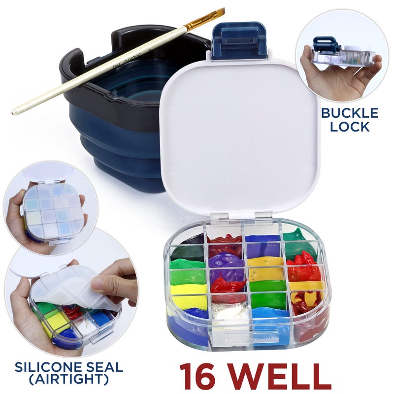 DUGATO Airtight Watercolor Palette Box (16-Well) with Lid & Collapsible Brush Basin - Portable Paint Saver for Acrylic, Gouache, Oil - Travel Art Supplies (Blue) - Image 4