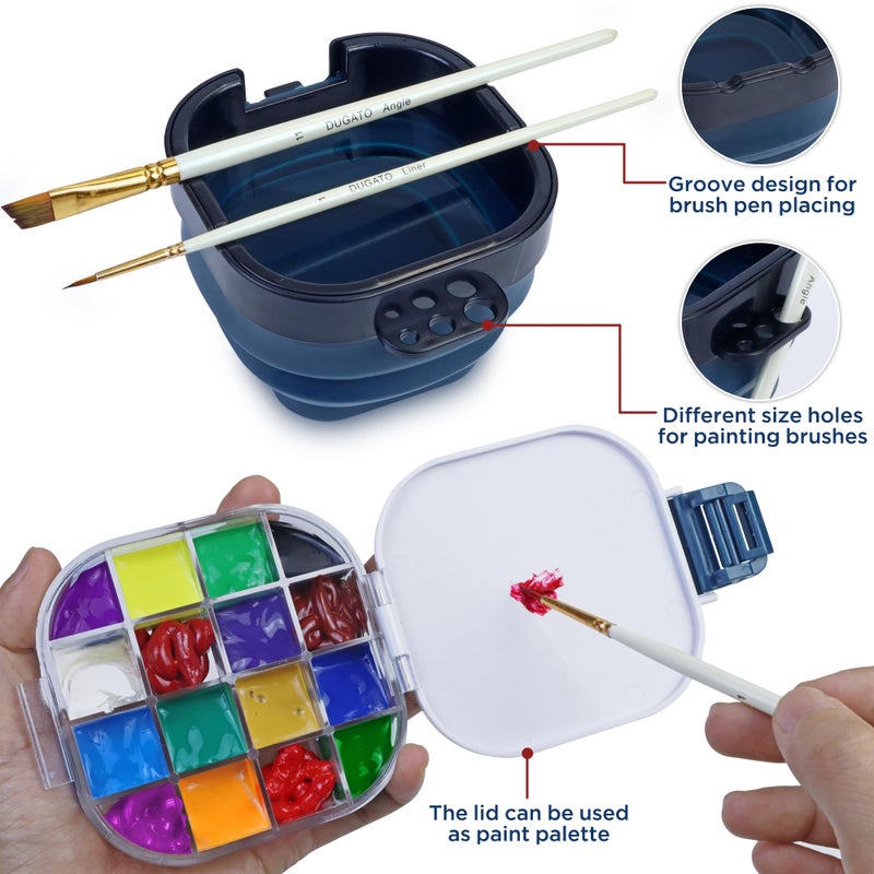 DUGATO Airtight Watercolor Palette Box (16-Well) with Lid & Collapsible Brush Basin - Portable Paint Saver for Acrylic, Gouache, Oil - Travel Art Supplies (Blue) - Image 2