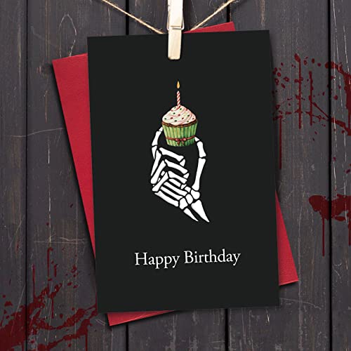 Ogeby Gothic Halloween Birthday Card for Women Men, Happy Bday Cupcake Skeleton Card, Funny Spooky Birthday Card Gifts for Husband Wife - Image 4