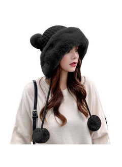 Winter Beanie Hats For Women Warm Knit Skull Cap Fur Hat With Pompom Russian Ushanka Trapper Hat Ear Cover Black