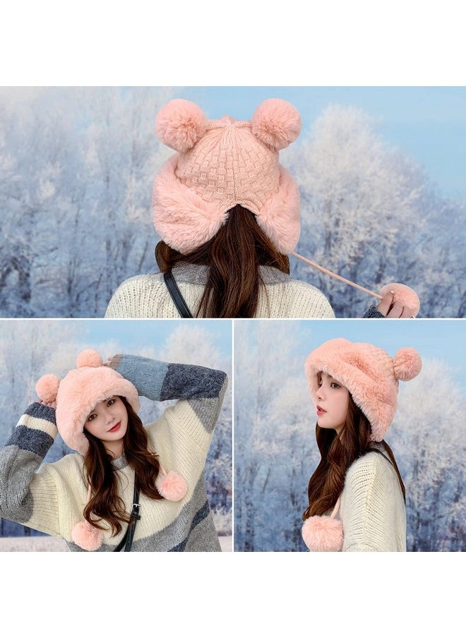 Peicees - Winter Beanie Hats For Women Warm Knit Skull Cap Fur Hat With Pompom Russian Ushanka Trapper Hat Ear Cover Black - Image 1