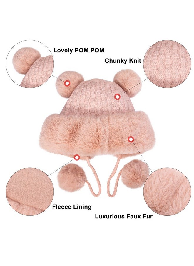 Peicees - Winter Beanie Hats For Women Warm Knit Skull Cap Fur Hat With Pompom Russian Ushanka Trapper Hat Ear Cover Black - Image 1