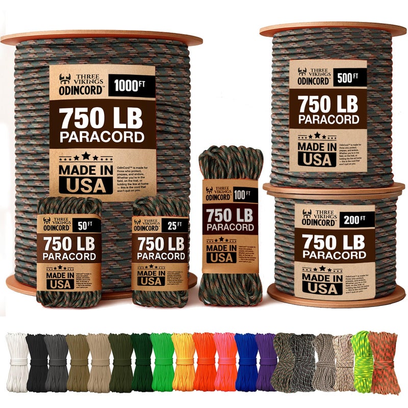 Three Vikings Paracord Rope - 750lb - 100% Nylon - Made in USA - Type IV - 11 Strand Core - Stronger Then Paracord 550 Cord - Camouflage - Woodland Camo - 25 Ft. - Image 1