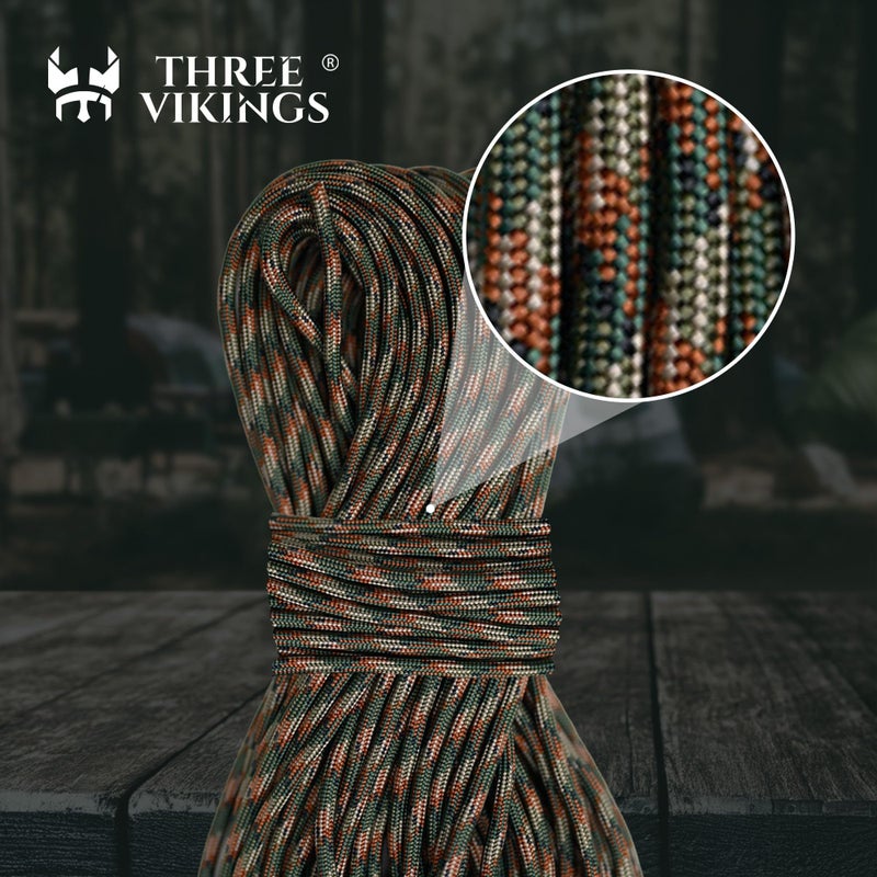 Three Vikings Paracord Rope - 750lb - 100% Nylon - Made in USA - Type IV - 11 Strand Core - Stronger Then Paracord 550 Cord - Camouflage - Woodland Camo - 25 Ft. - Image 2
