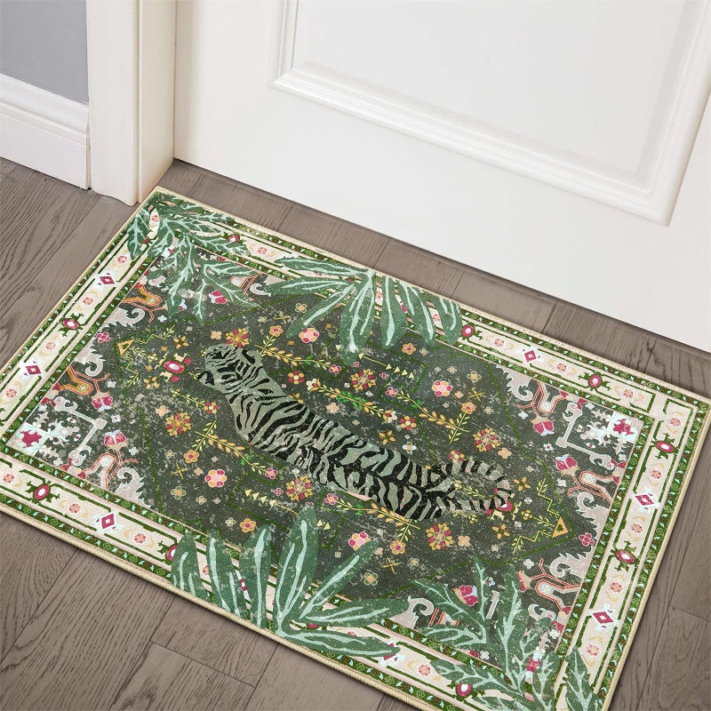 Aldopein Oriental Tropical Entryway Rugs Washable, Greyish Green Boho Vintage Distressed Hippie 2x3 Throw Rugs for Bathroom Kitchen Entryway Indoor Non-Slip Abstract Botanical Tribal Accent Carpet - Image 1