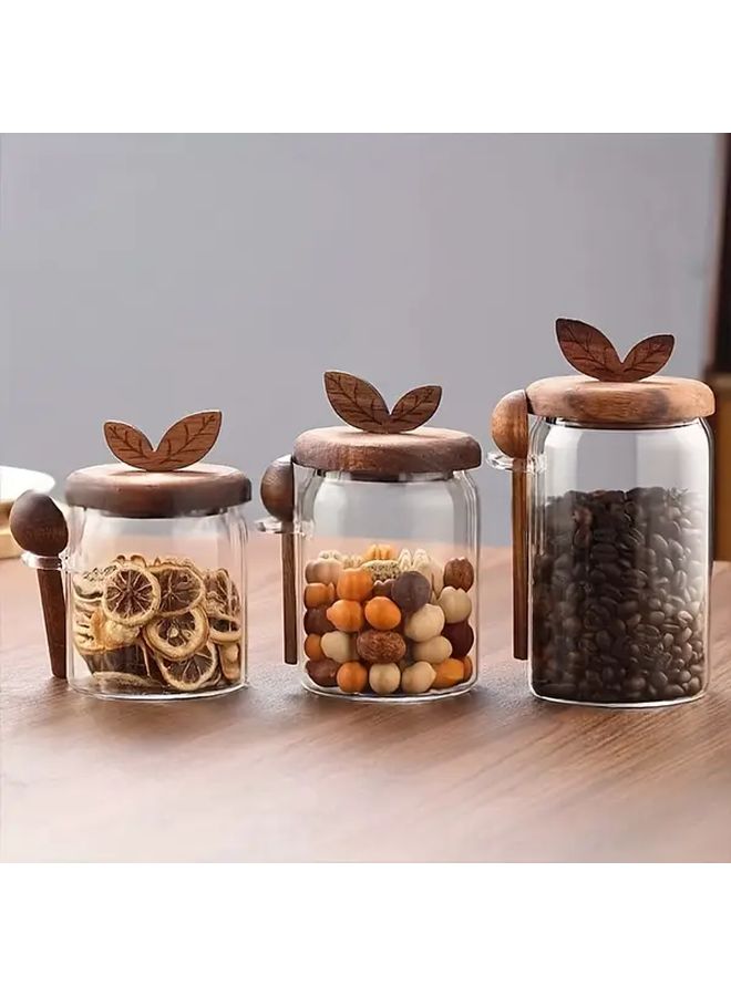 Glass Storage Jars with Leaf Lid and Spoon 800ml Airtight Containers for Coffee Spices Food - Image 1