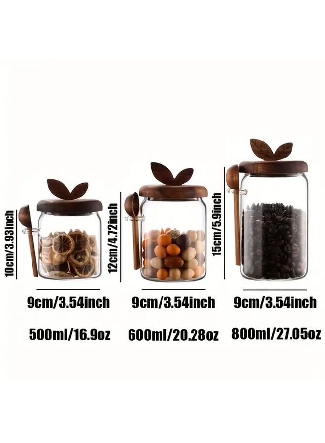 Glass Storage Jars with Leaf Lid and Spoon 800ml Airtight Containers for Coffee Spices Food - Image 2