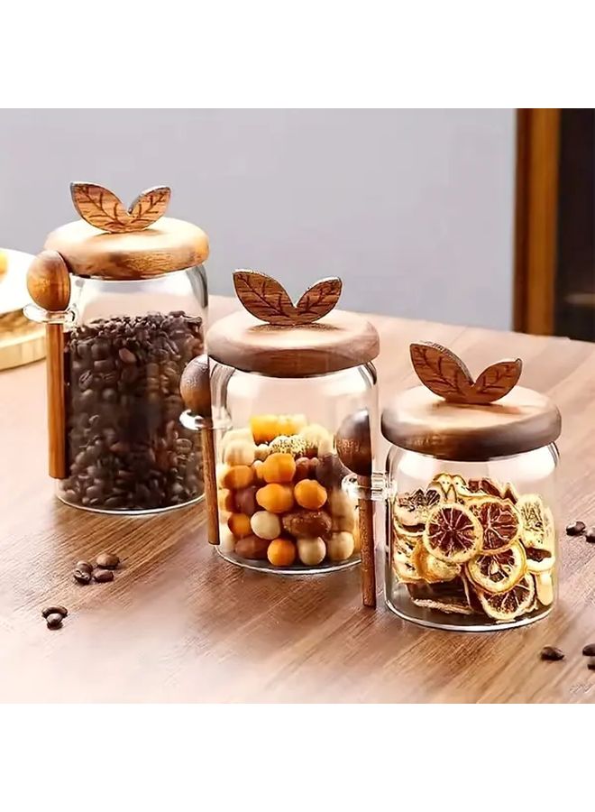 Glass Storage Jars with Leaf Lid and Spoon 800ml Airtight Containers for Coffee Spices Food - Image 3