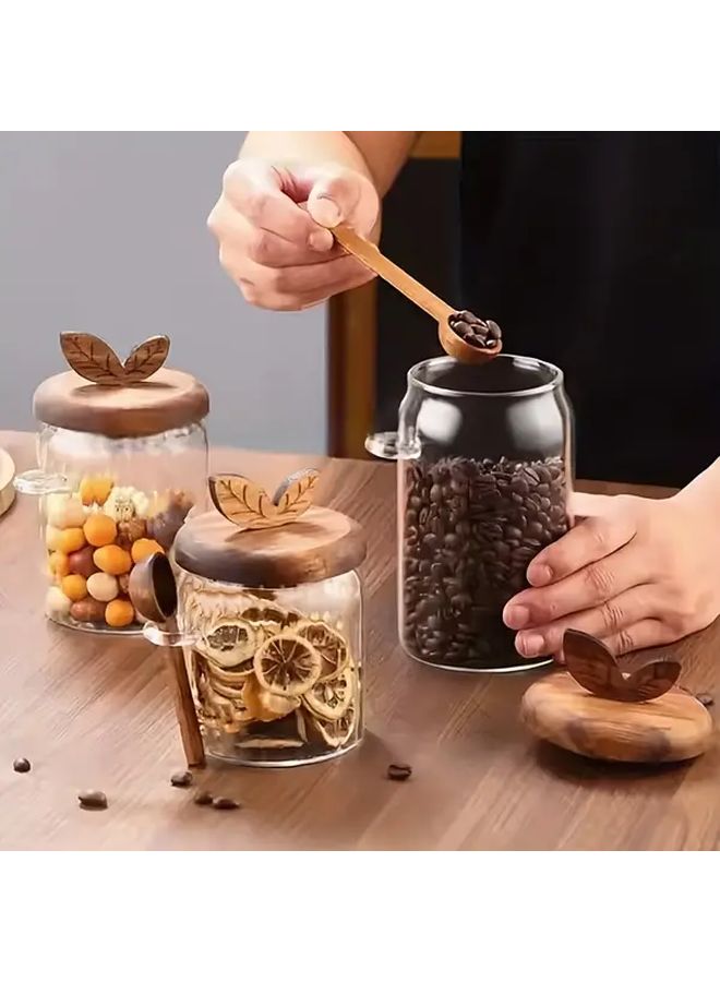 Glass Storage Jars with Leaf Lid and Spoon 800ml Airtight Containers for Coffee Spices Food - Image 5