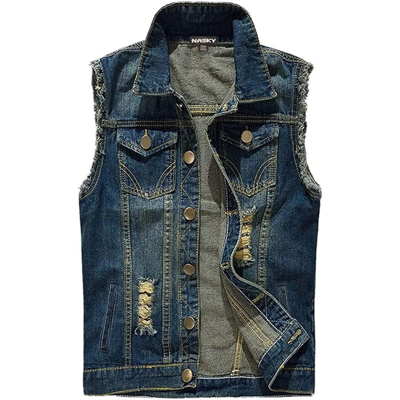 NASKY Mens Fit Retro Ripped Denim Vest Sleeveless Lapel Jean Vest Jacket Waistcoat TopXLargeDark blue