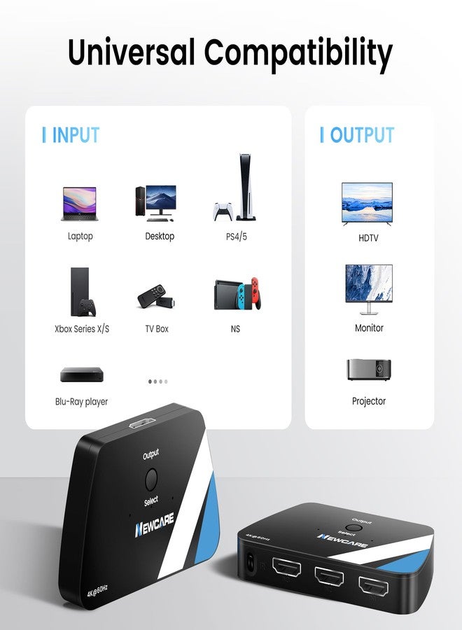 Newcare HDMI Switch 3 in 1 Out, NEWCARE 4K @ 60Hz HDMI Splitter with Remote Control, 3 Port HDMI Switch Box for PS4/5, Xbox, PC, Blu-ray Player, Fire Stick, Roku - Image 4