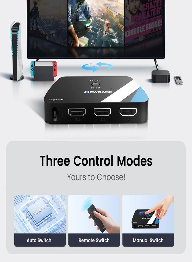 Newcare HDMI Switch 3 in 1 Out, NEWCARE 4K @ 60Hz HDMI Splitter with Remote Control, 3 Port HDMI Switch Box for PS4/5, Xbox, PC, Blu-ray Player, Fire Stick, Roku - Image 3