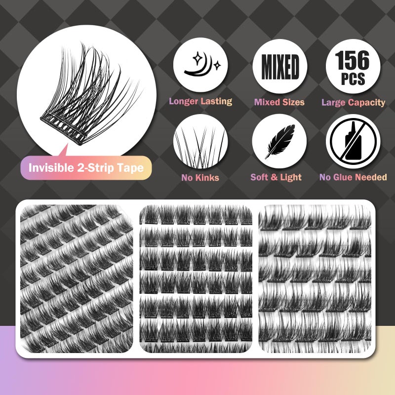 WONSIS Self Adhesive Eyelashes, 156 Pcs Self Adhesive Eyelash Clusters, No Glue Needed, Invisible 2-Strip Tape - Longer Lasting, No Sticky Residue Pre Glued Eyelashes (Volume-Mixed) - Image 4