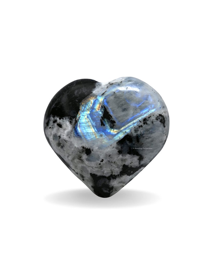 Amazing Gemstone Rainbow Moonstone Crystal Heart Palm Stone  Pocket Massage Worry Stone for Natural Body Chakra Balancing Reiki Healing and Crystal Grid 