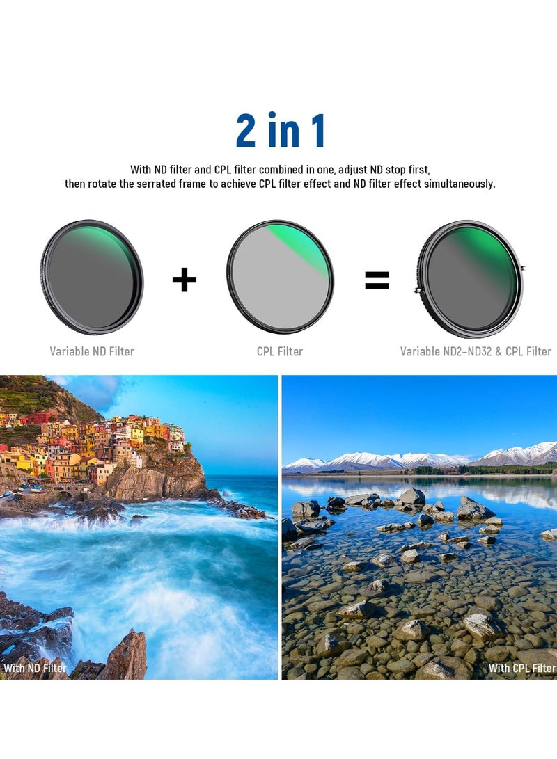 2 in 1 82mm Variable ND Filter ND2–ND32&CPL Filter(Circular Polarizing Filter) No X Cross/HD Optical Glass Polarizer/30 Layer Nano Coated/Ultra Slim/Water Repellent/Scratch Resistant