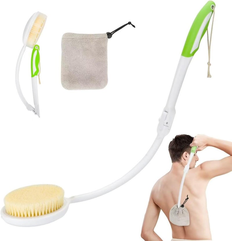 Back Scrubber Bath Brush for Shower Curved Long Handle Foldable Handled Shower Body Brush Whith Absorbent Microfiber Bag Can Quickly Dry Your Back - Image 1