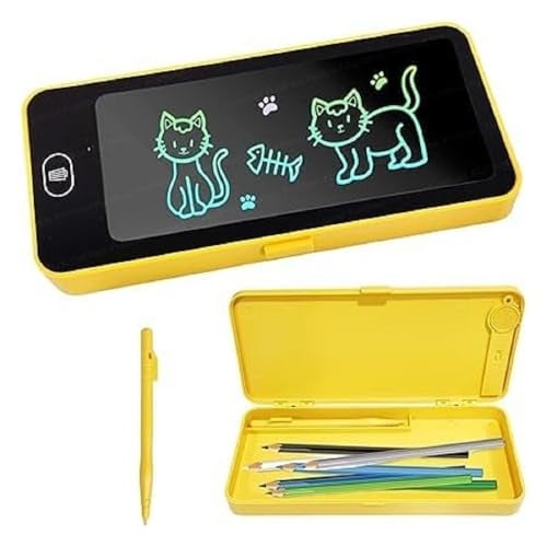 KRySt LCD Writing Tablet Pencil Box for Kids – Multi-Functional Drawing Board Case with Erase Button and Stationery Storage for School and Home Use (Yellow) - Image 1