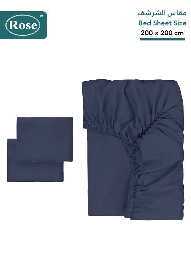 Rose Luxurious Plain Fitted Sheet with Deep Pockets and Pillow Cases, Bed Sheet 3-Pieces Set, Soft & Cozy Microfiber Breathable and Cooling, King Size 200x200+38 cm, Black - Dark Blue - Image 2