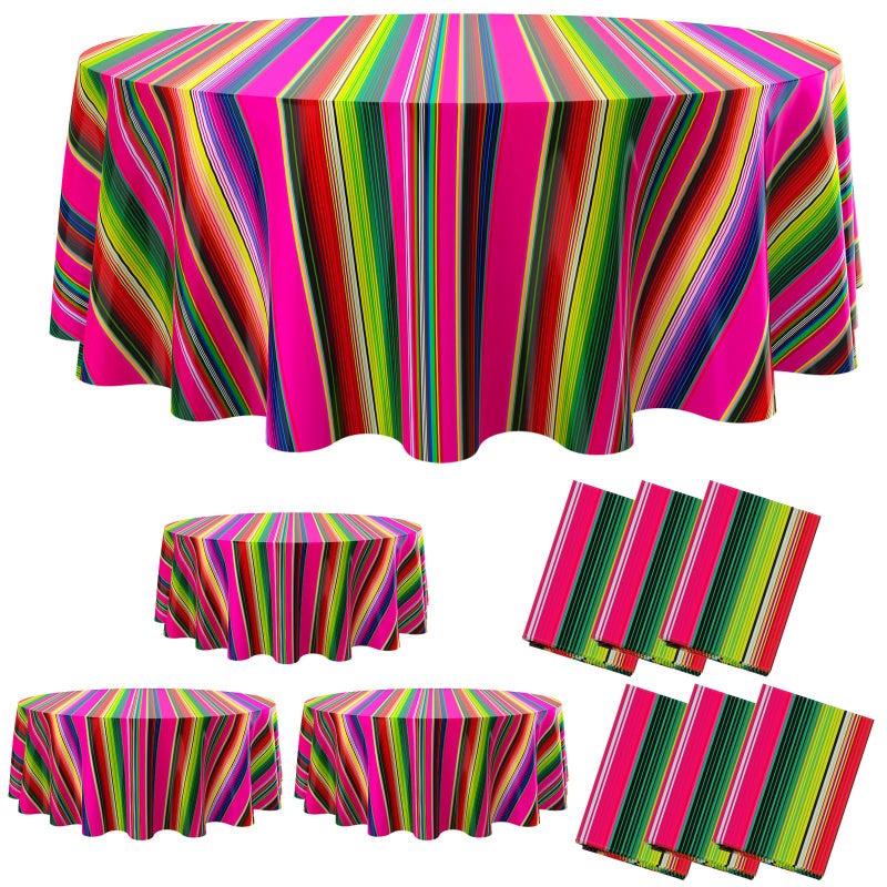 Oudain 6 Pcs Colorful Table Cloth Stain Resistant Plastic Mexican Stripe Round Tablecloth Waterproof Table Cloth Round Cover for Party Holiday Kitchen Dinning Banquet Picnic Fiesta