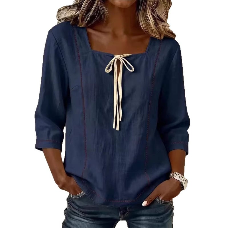 2026 Summer Loose Casual Printed Tie Square Neck Blouse for Women - Image 5