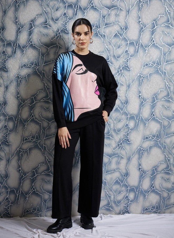 Athena سويت شيرت فليس أسود مزخرف للنساء - Image 1