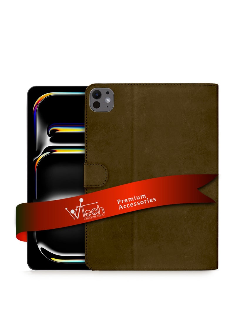 Wtech Apple iPad Pro 11 5G 2024 (5th Gen) 11 inch / Apple iPad Pro 11-inch (M5) 2025 WTech PU Leather Magnetic Closure Flip Case Cover - Dark Brown - Image 1