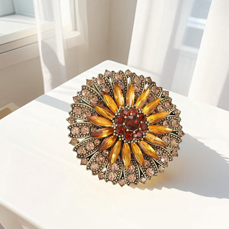 MarveBard Rhinestone Crystal Flower Brooch Pin Sparkling Large Crystal Sunflower Brooch Vintage Floral Lapel Pins Rhinestone Flower Bouquet Broochs Rose Snowflake Broochs Wedding Bridal Dress Jewelry for Women (Yellow) - Image 2