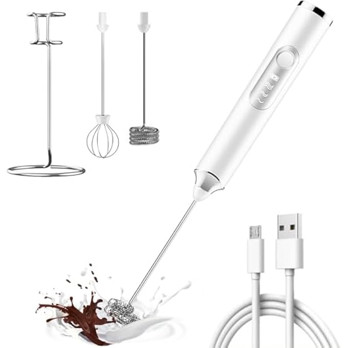 HIKKY Handheld Milk Frother Electric Coffee Milk Frother Rechargeable Egg Beater TwoEnd Replaceable Stainless Steel Stirring Rod ThreeSpeed Automatic Stirring With StandWhite - Image 1